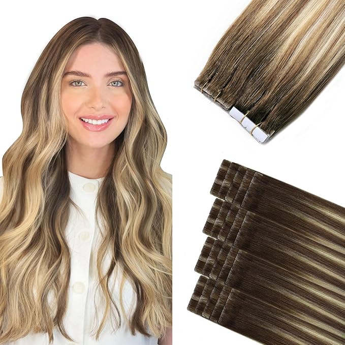 Sindra Invisi Edge Tape in Hair Extensions Human Hair, Walnut Brown to Ash Brown and Blonde Seamless Tape-ins 20 Inch 55g 20pcs Invisible Extensions Straight