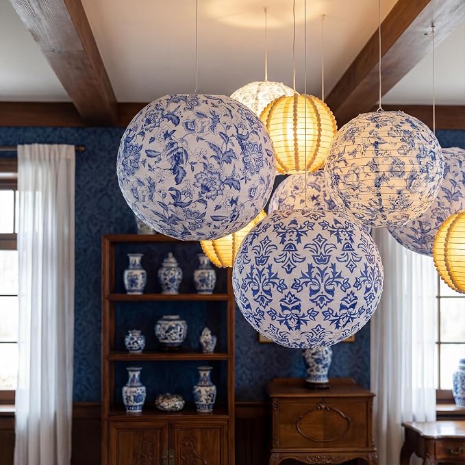 12 Pcs Chinoiserie Party Decor Blue White Porcelain Paper Lantern | 10" - Image 6