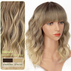 AISI HAIR Curly Bob Wig with Bangs Ombre Blonde Color Short Wavy Wigs for Women Bob Style Synthetic Heat Resistant Bob Wigs