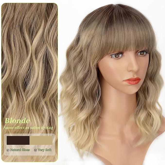AISI HAIR Curly Bob Wig with Bangs Ombre Blonde Color Short Wavy Wigs for Women Bob Style Synthetic Heat Resistant Bob Wigs