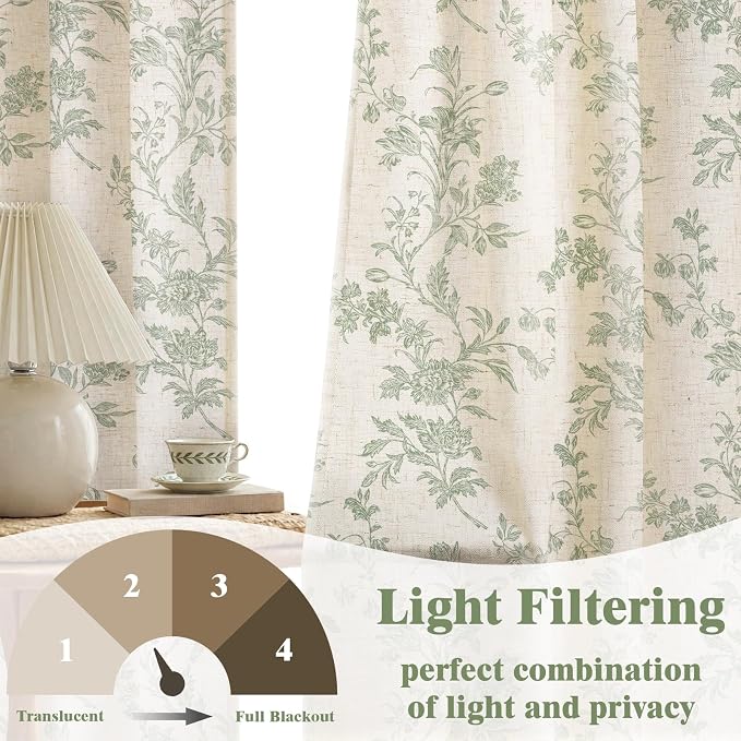 Sage Green Floral Curtains 84 Inch, Light Filtering Linen Texture Drapes 2 - Image 3