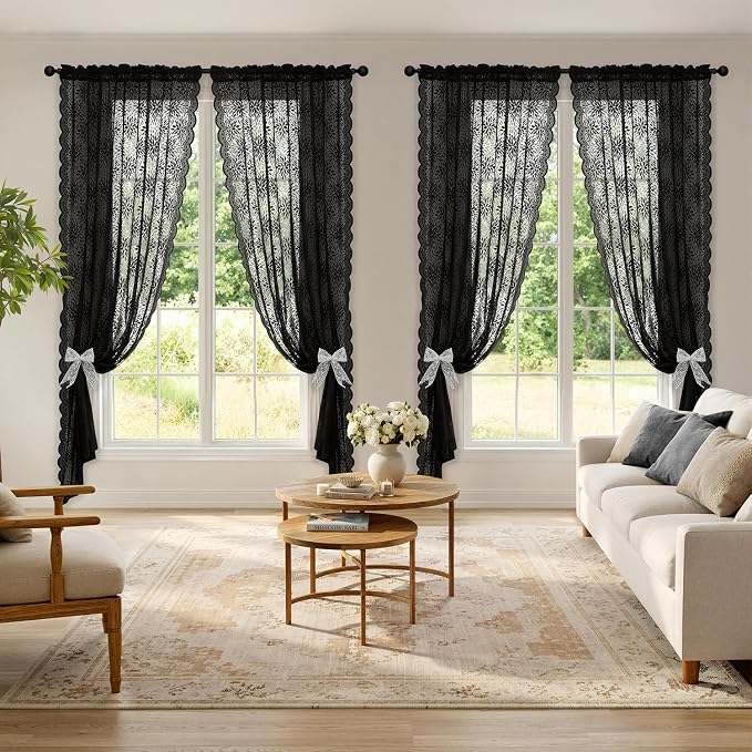 MIULEE Black Floral Lace Curtains 2 Panels, Light Filtering Rod Pocket Panels - Image 2