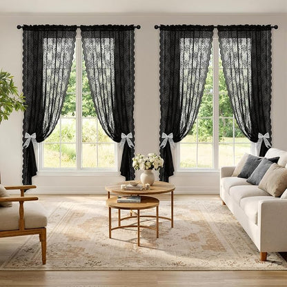 MIULEE Black Floral Lace Curtains 2 Panels, Light Filtering Rod Pocket Panels - Image 2