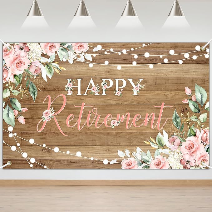 Mocsicka Rustic Retirement Backdrop Banner 6x3.6ft | Pink Floral Women Happy by Mocsicka