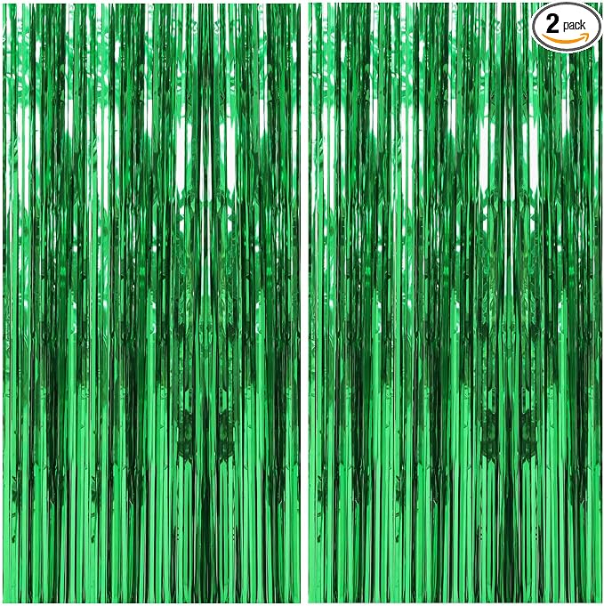 2 Pack Foil Curtain Backdrop Green Metallic Tinsel Foil Fringe Curtains Photo by KEJ