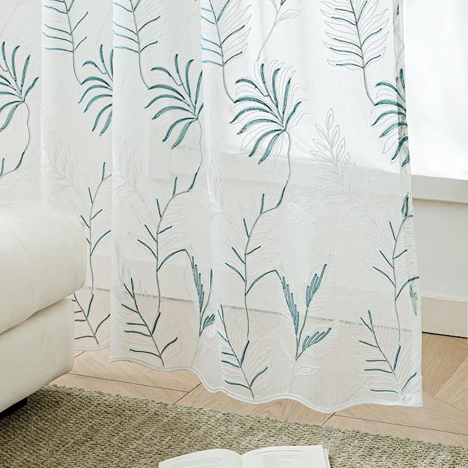 White Sheer Curtains Blue Embroidered Leaf 2 Panels 96 Inches | Light Filtering - Image 5