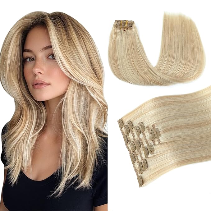 PINKPEARL Clip in Hair Extensions #27P60 Caramel Blonde Highlighted Platinum Blonde 120g 7pcs 16 Inch Clip in Hair Extensions Real Human Hair Hair Extension Clip Ins(#27P60-16)