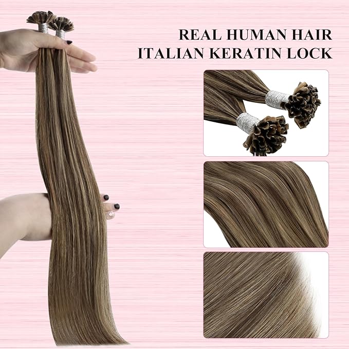 YoungSee U Tip Hair Extensions Human Hair Highlight Utip Hair Extensions Human Hair Highlight Brown Mixed Blonde Hair Extensions Hot Fusion Ktips Hair Extension U Tip 20In 1G/S 50G for Wedding