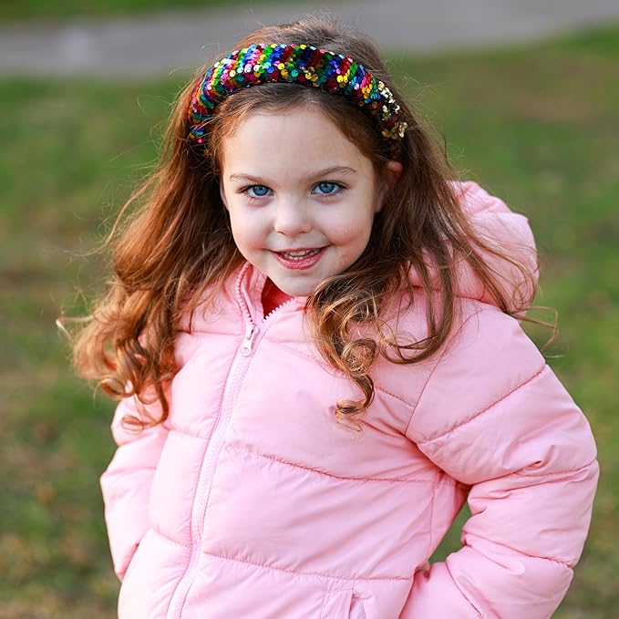 FROG SAC Flip Sequin Headband for Girls, Wide Headbands for Kids, Sparkly Sequined Toddler Hair Bands, Sparkle Head Band Hair Accessories, Easter Basket Fillers Stocking Stuffers (Rainbow/Gold)