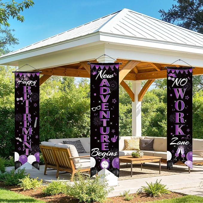 3Pcs Retirement Porch Sign Door Hanging Banner Black Purple Happy Retirement - Image 6