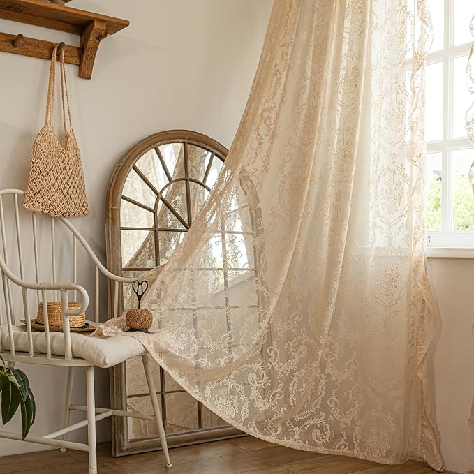 Deeprove Beige Lace Curtains 84 inches Length 2 Panels Set by Deeprove