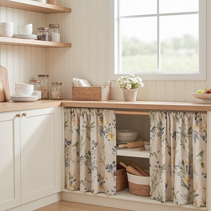 MYSKY HOME Floral Kitchen Curtains 30 Inch Length Linen Tier Curtains Farmhouse - Image 2