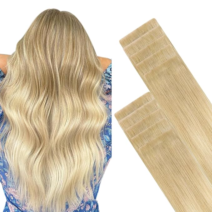 GOO GOO Invisi Edge Tape in Hair Extensions Human Hair, 18AT60A Pearl Ash Blonde Highlights, 10pcs 16inch 25g, Virgin Remy Hair, Seamless Injected Tape, Natural Look