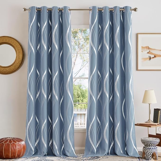 NICETOWN Dusty Blue Foil Print 90 inch Long Curtains by NICETOWN