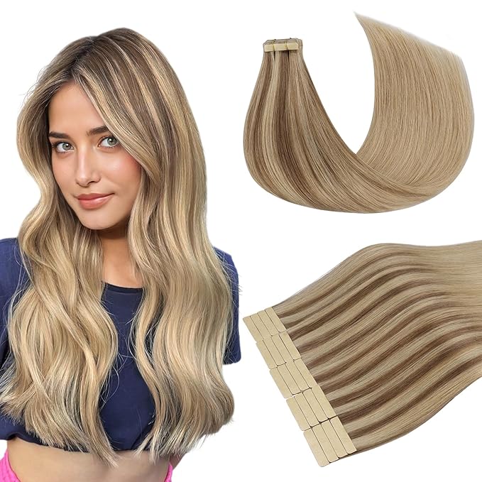 DOORES Hair Extensions Tape in Real Human Hair, Balayage Medium Copper to Sandy Blonde 20 Inch 50g 20pcs, Tape in Extensions Straight Skin Weft Natural Human Thick Ends