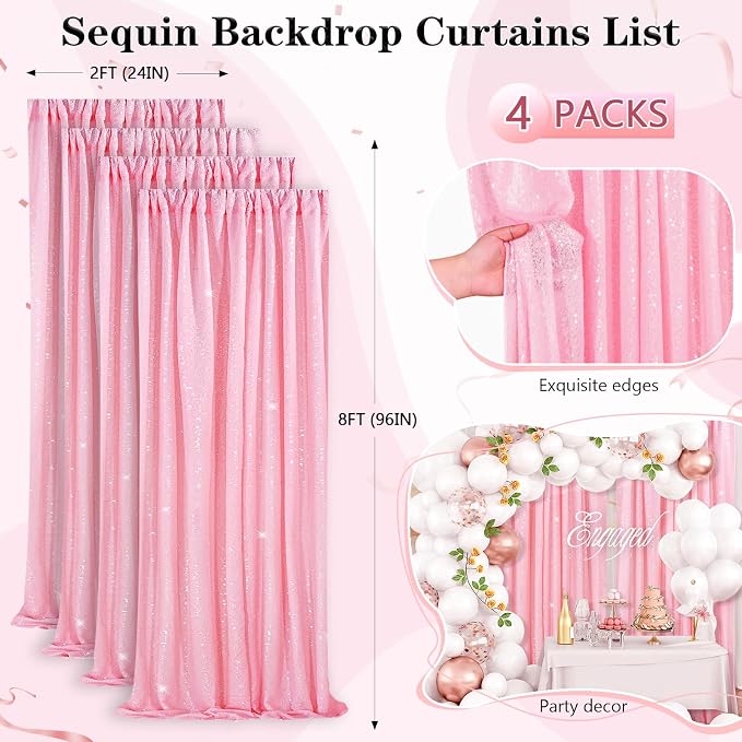 Pink Sequin Backdrop Drapes 4 Panels 2FTx8FT Glitter Backdrop Curtains | - Image 4