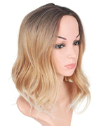 Short Curly Ombre Blonde Bob Hair Wigs For Women Synthetic Middle Part Wig With Brown Roots Party Costume Cosplay Wig (Ombre Blonde-9143)