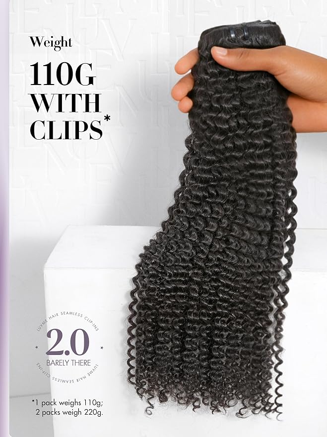 LUVME Invisible Clip ins Hair Extensions Deep Kinky Curly Real Human Hair Remy Hair Clip ins for Women, Natural Human Hair, 14 inch 110g 6Pcs, Natural Black