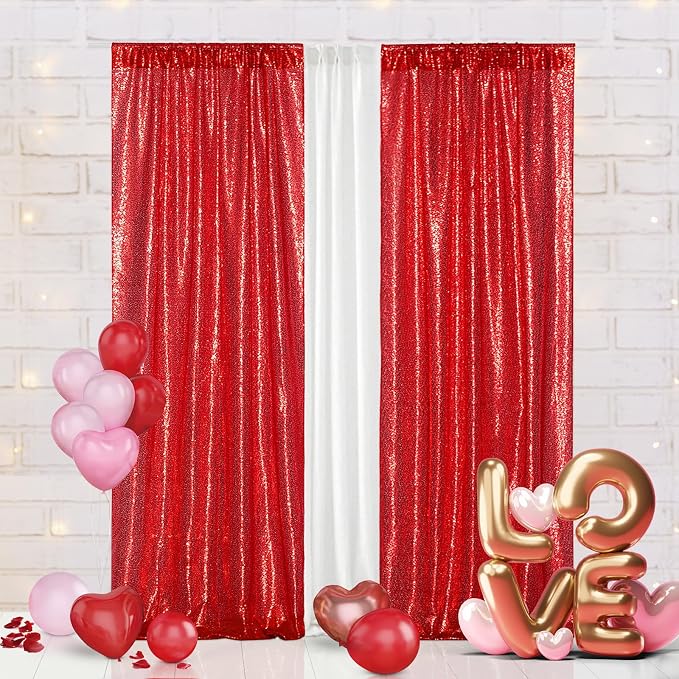 Eternal Beauty Red Sequin Backdrop Curtains, 2 Panels 2x8FT | 3mm Sparkle by EternalBeauty