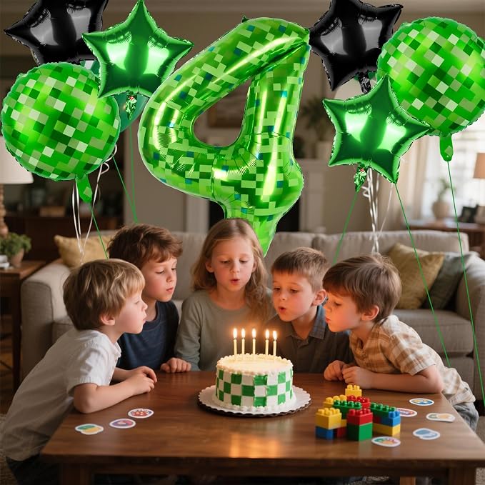 40 Inch Green Pixel Themed Number 4 Balloon Set Foil Balloon - Image 6
