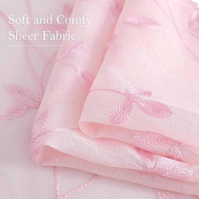HOMEIDEAS Pink Sheer Curtains 2 Panels, Embroidered Vine Leaf, W52 x L63 | Faux - Image 4