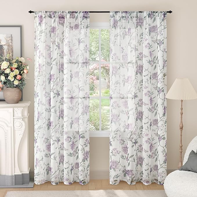 Floral Sheer Curtains 72 Inch Length 2 Panels, Farmhouse Light Filtering by Lajode