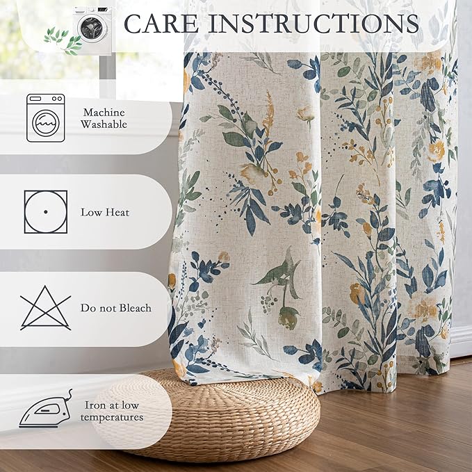 MYSKY HOME Floral Linen Door Curtains Blue Farmhouse Privacy Door Window - Image 7