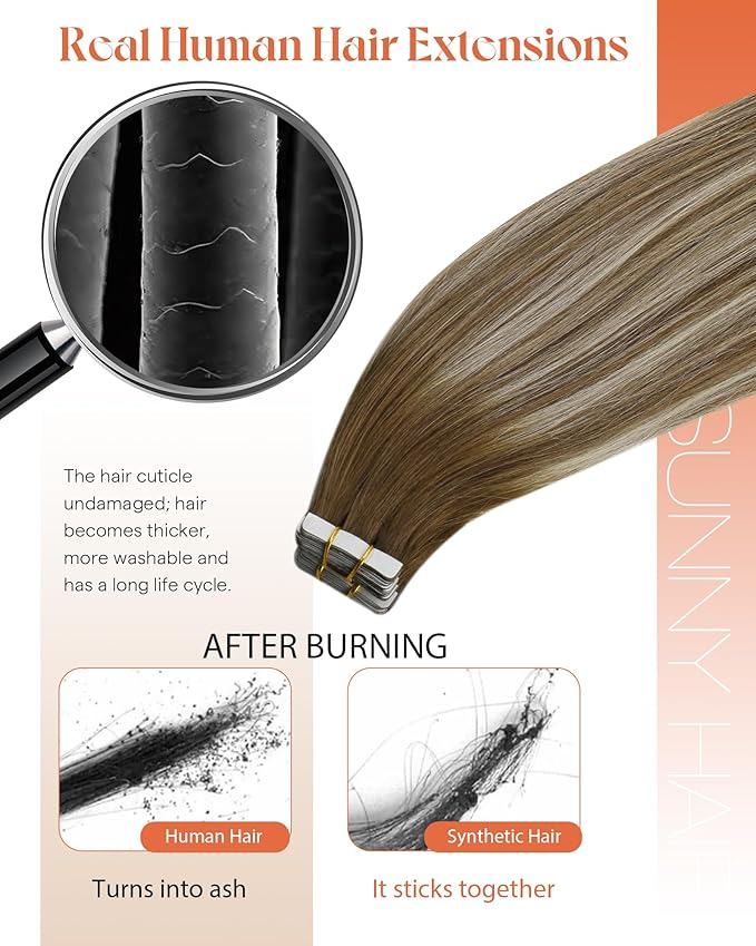 Sunny Hair Tape in Hair Extensions Medium Brown Balayage Blonde Tape in Hair Extensions Human Hair, 16 inch Remy Hair Extensions Tape in 20Pcs 50g