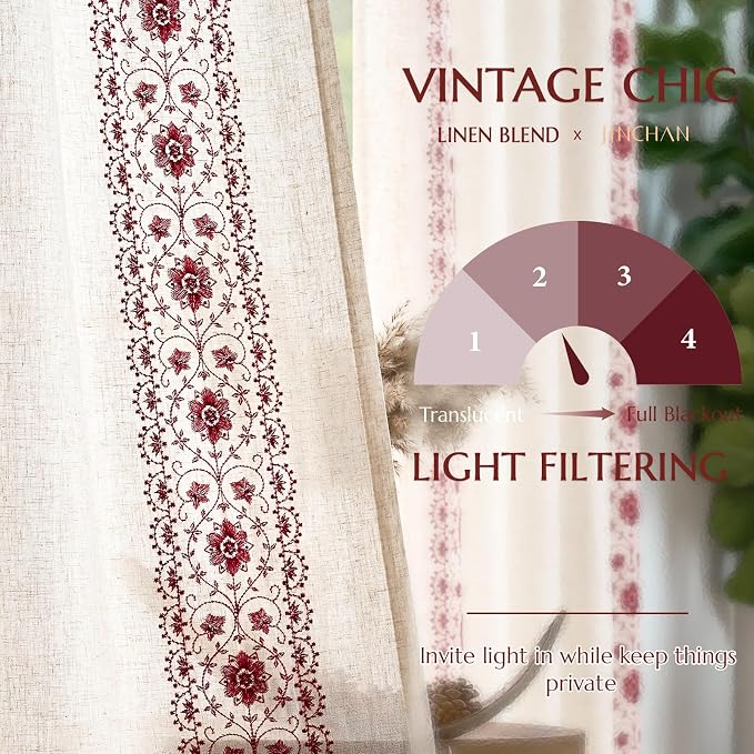 jinchan Floral Linen Curtains Embroidered Back Tab 50x84in 2 Panels Red | Light - Image 6