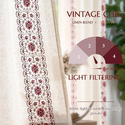 jinchan Red Floral Embroidered Short Linen Curtains 54×54 Inches 2 Panels | - Image 6