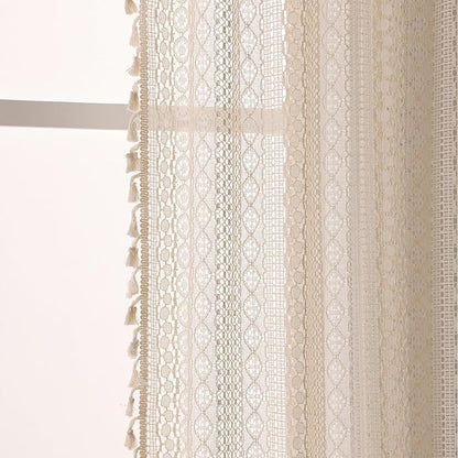WAZZIO Boho Lace Curtains 63 Inches 2 Panel, Light Filtering Privacy Tassel & - Image 9