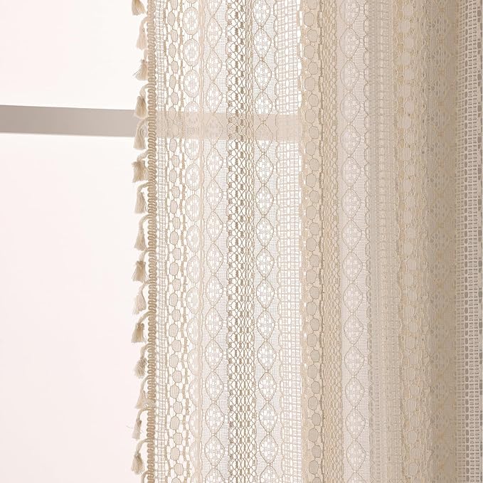 WAZZIO Boho Lace Curtains 105 Inch 2 Panel, Light Filtering Privacy Tassel & - Image 5