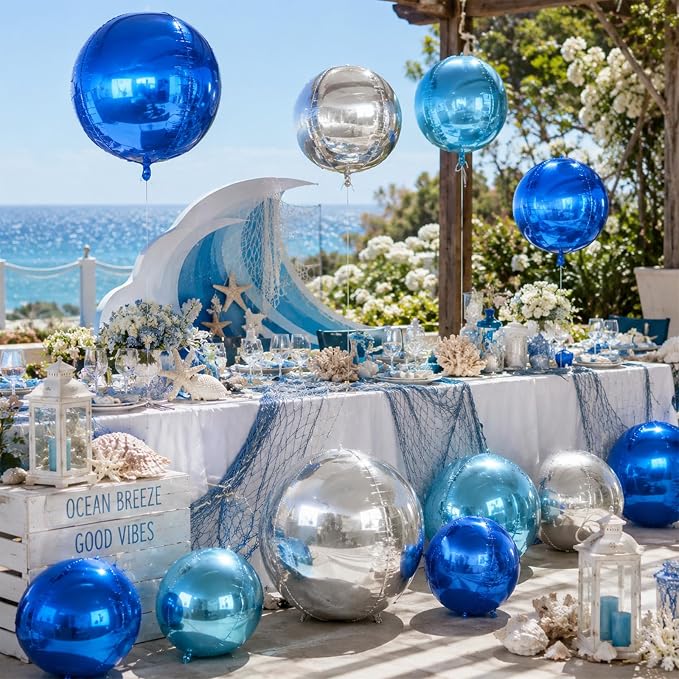15 Pcs Blue and Silver Round Foil Balloons, 22/15/10 Inch 4D Ball Balloons Blue - Image 5