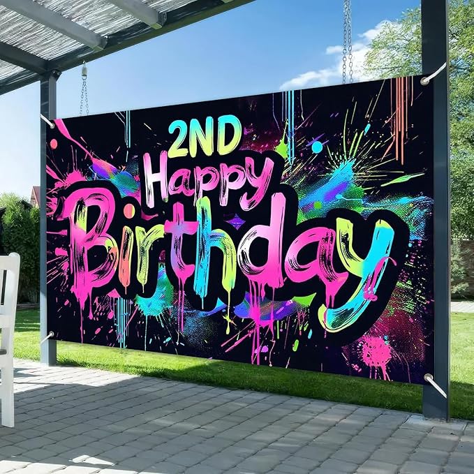 HOMETITUTE Neon 2nd Happy Birthday Party Banner 71x43 Inch Paint Splatter - Image 2