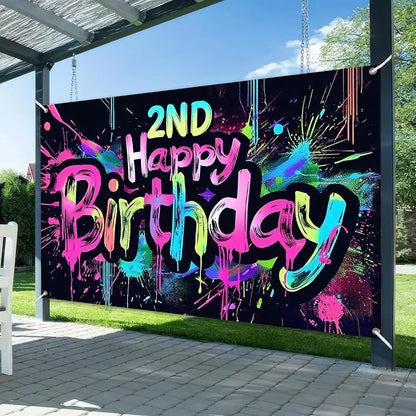 HOMETITUTE Neon 2nd Happy Birthday Party Banner 71x43 Inch Paint Splatter - Image 2