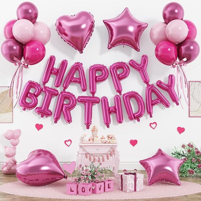 29PC Hot Pink Happy Birthday Balloon Banner, 16 Inch 3D Letter Banner Sign by Paready