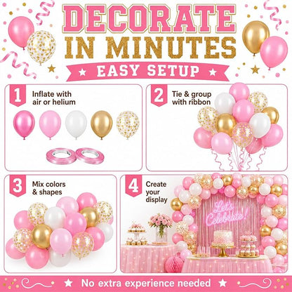 Pink Gold Balloons, Metallic Gold Confetti Latex Balloons, Women Girls Princess - Image 8