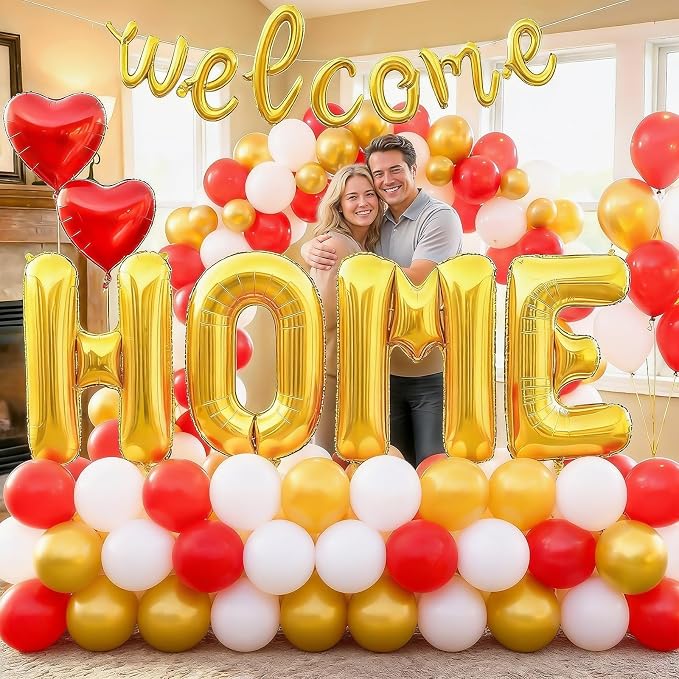 Welcome Home Balloons Red Gold, 40Inch HOME and 16Inch Welcome Foil Balloons - Image 5