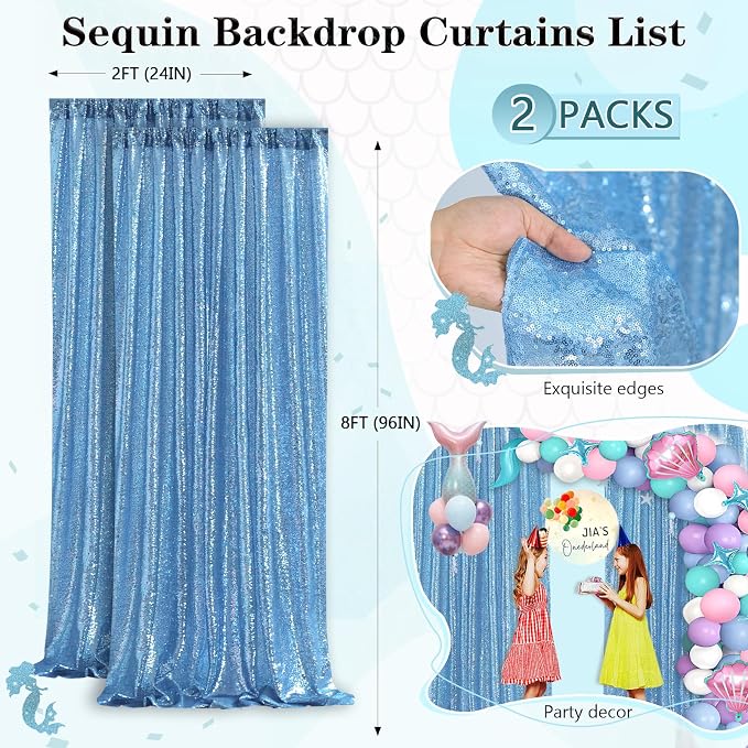 Baby Blue Sequin Backdrop 2 Panels 2FTx8FT Glitter Party Backdrop Curtains | - Image 7
