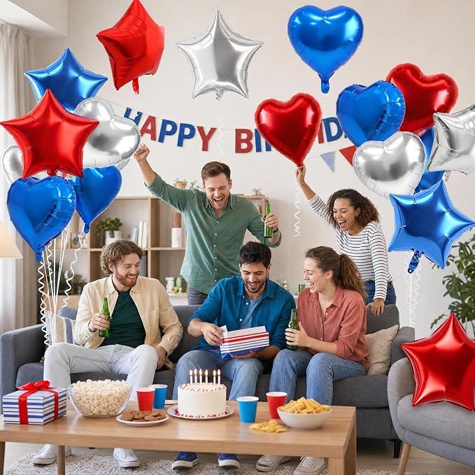 TONIFUL 18 Inch Blue Silver Red Star and Heart Foil Balloons - Image 6