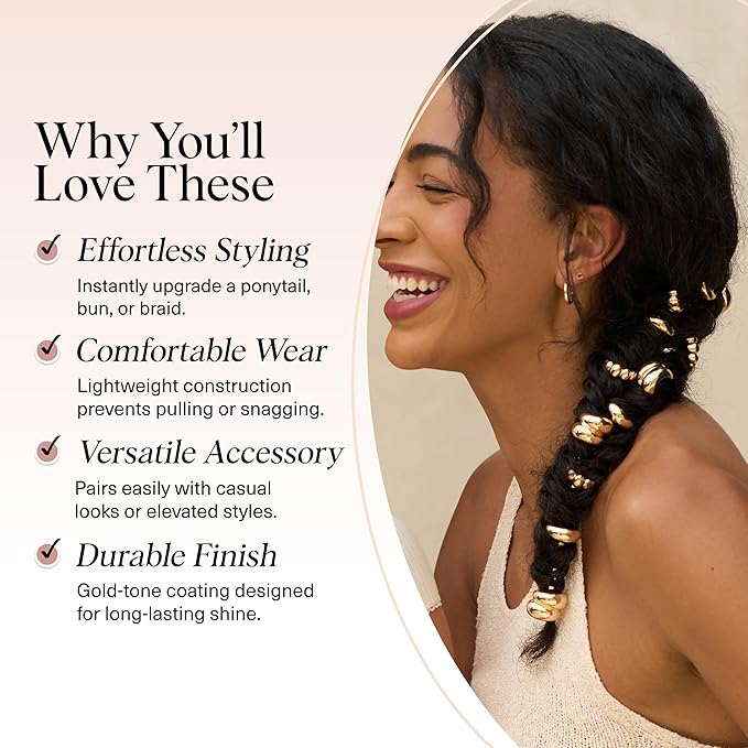 Kitsch Gold Hair Jewelry for Braids - Lightweight Metal Hair Pins for Women - Stackable Gold Hair Accessories for Everyday or Special Occasions | Ideal Gifts for Women - 3pc Set