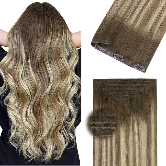 DOORES Invisi Edge Clip in Hair Extensions 14 inch 120g 7pcs, Virgin Real Human Hair PU Clip in Extension Invisible Seamless Thickening Hairstyle, 3/8/613 Walnut Brown to Ash Brown and Bleach Blonde
