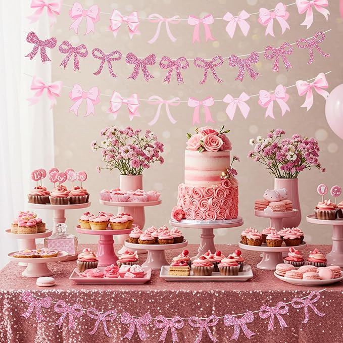 4pcs Glitter Pink Bow Garland Banner Pre-Strung Pink Bow Theme Party Backdrop - Image 6