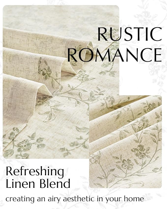 jinchan Green Floral Linen Curtains 63 Inch Farmhouse Back Tab 2 Panels | - Image 4