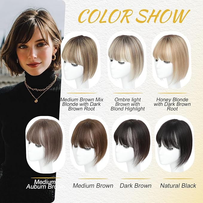 Hair Toppers with Thinning Hairs 100% Real Human Hair Toppers for Women 3D Cover Clip in Bangs 10inch Medium Brown Mix Blonde with Dark Brown Root Topper 120% Density #4T427