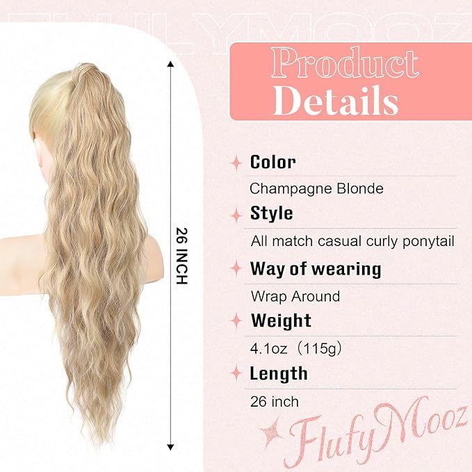 Flufymooz Ponytail Extension, Flexible Wrap Around Ponytail Extension Long Wavy Curly Ponytail Hair Extensions Natural pony tail Synthetic Hairpiece for Women 26 Inch (Champagne Blonde)