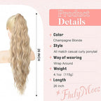 Flufymooz Ponytail Extension, Flexible Wrap Around Ponytail Extension Long Wavy Curly Ponytail Hair Extensions Natural pony tail Synthetic Hairpiece for Women 26 Inch (Champagne Blonde)