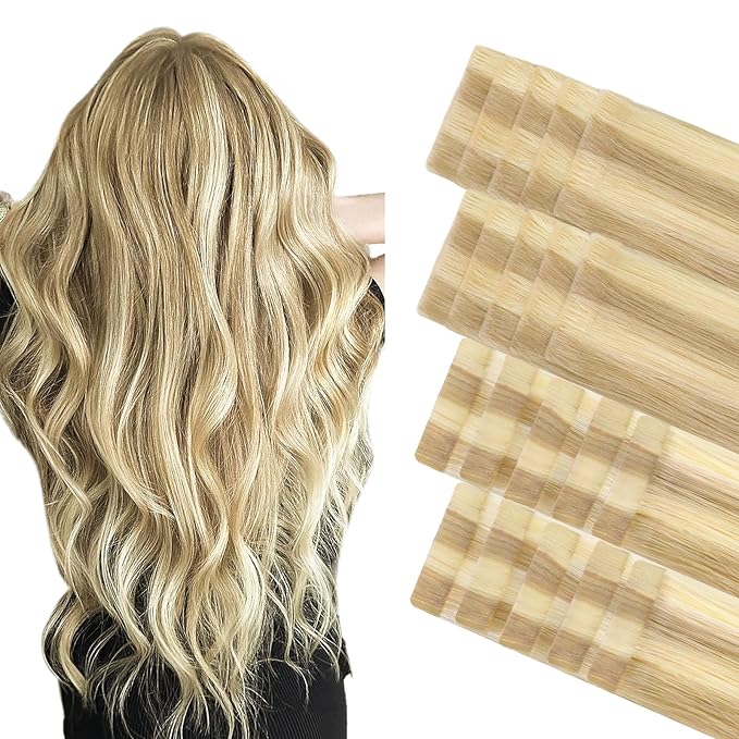 GOO GOO Invisi Edge Tape in Hair Extensions Human Hair, 18D/22F Dirty Blonde Highlights10pcs injected with 10pcs classical tape ins, 14inch 50g, Virgin Remy Hair, Natural Look