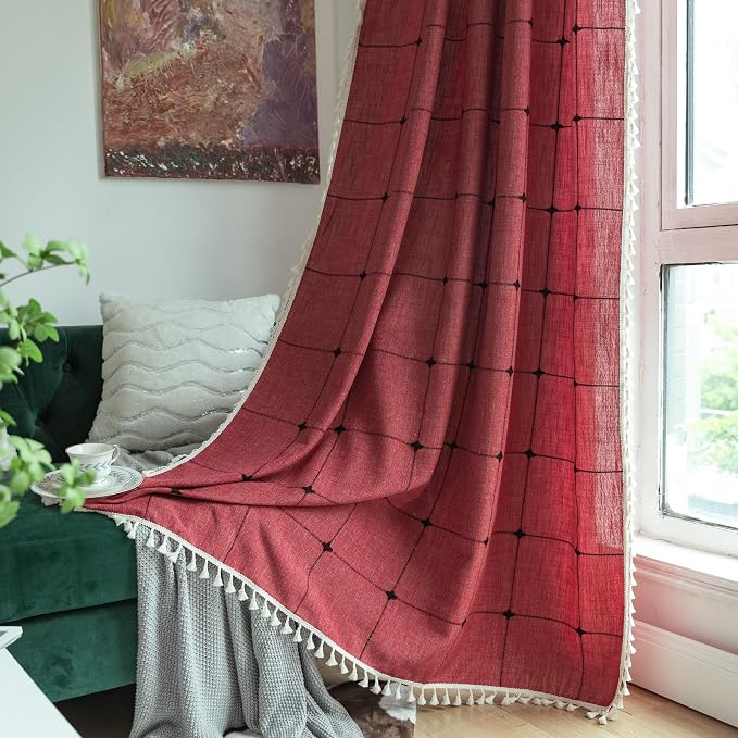 Sutuo Home Boho Curtains for Kitchen Nursery 63 Inch Length, Grid Linen Light by SutuoHome