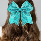 Large Glitter Cheer Bows Clips, Jumbo Big 7 Inch Cheerleading Sequin Hair Bow Hair Accessories for Teens Girls Football Sports Cheerleader Outfit Uniform (Peacock Green)
